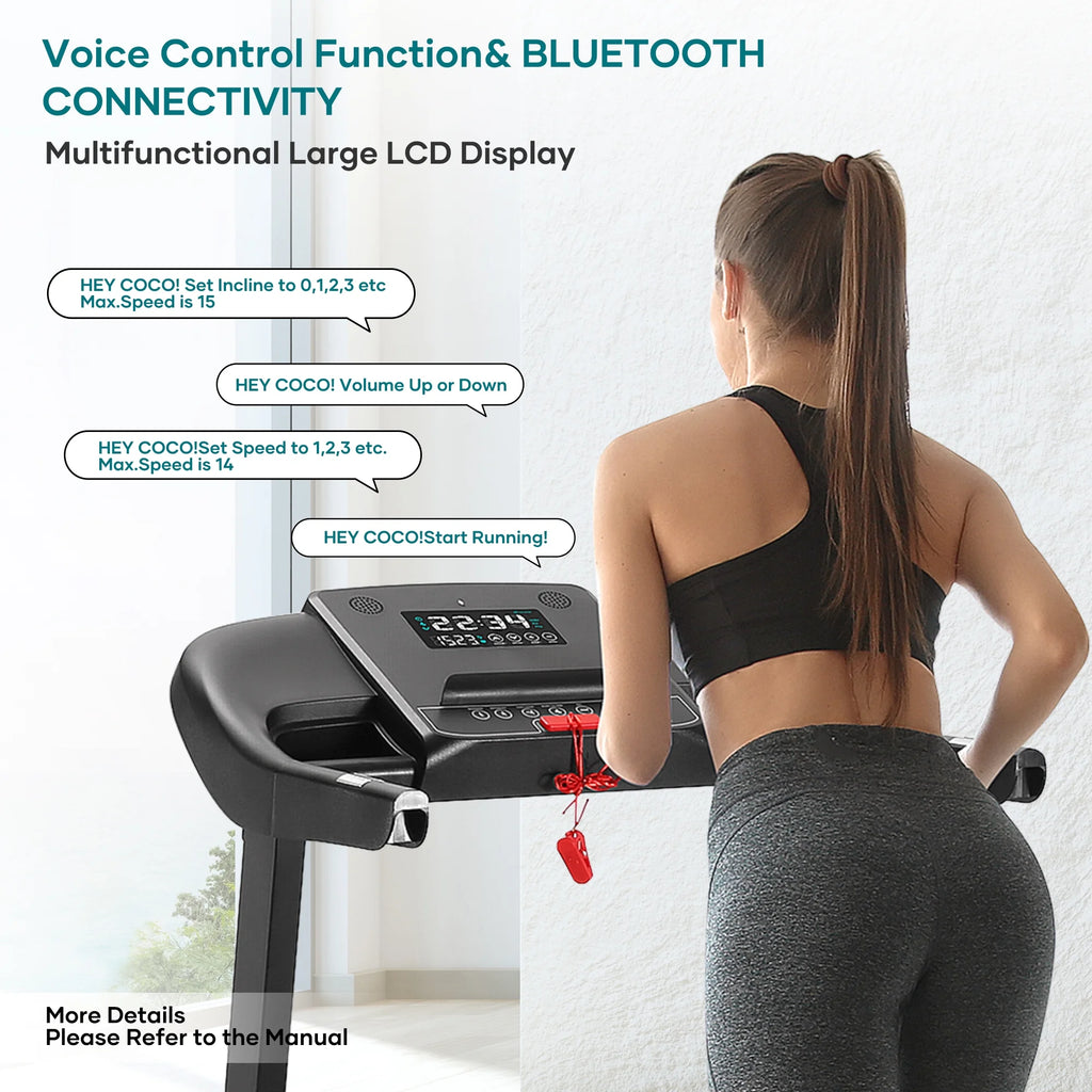 Treadmill with Auto Incline Bluetooth Voice Control 17 in Wide Electric Treadmill Folding Machine 15 Level Auto 8.8 Mhp Speed for Home Use Gifts