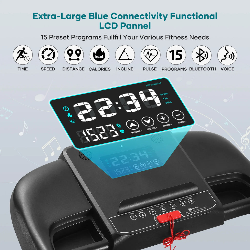 Treadmill with Auto Incline Bluetooth Voice Control 17 in Wide Electric Treadmill Folding Machine 15 Level Auto 8.8 Mhp Speed for Home Use Gifts