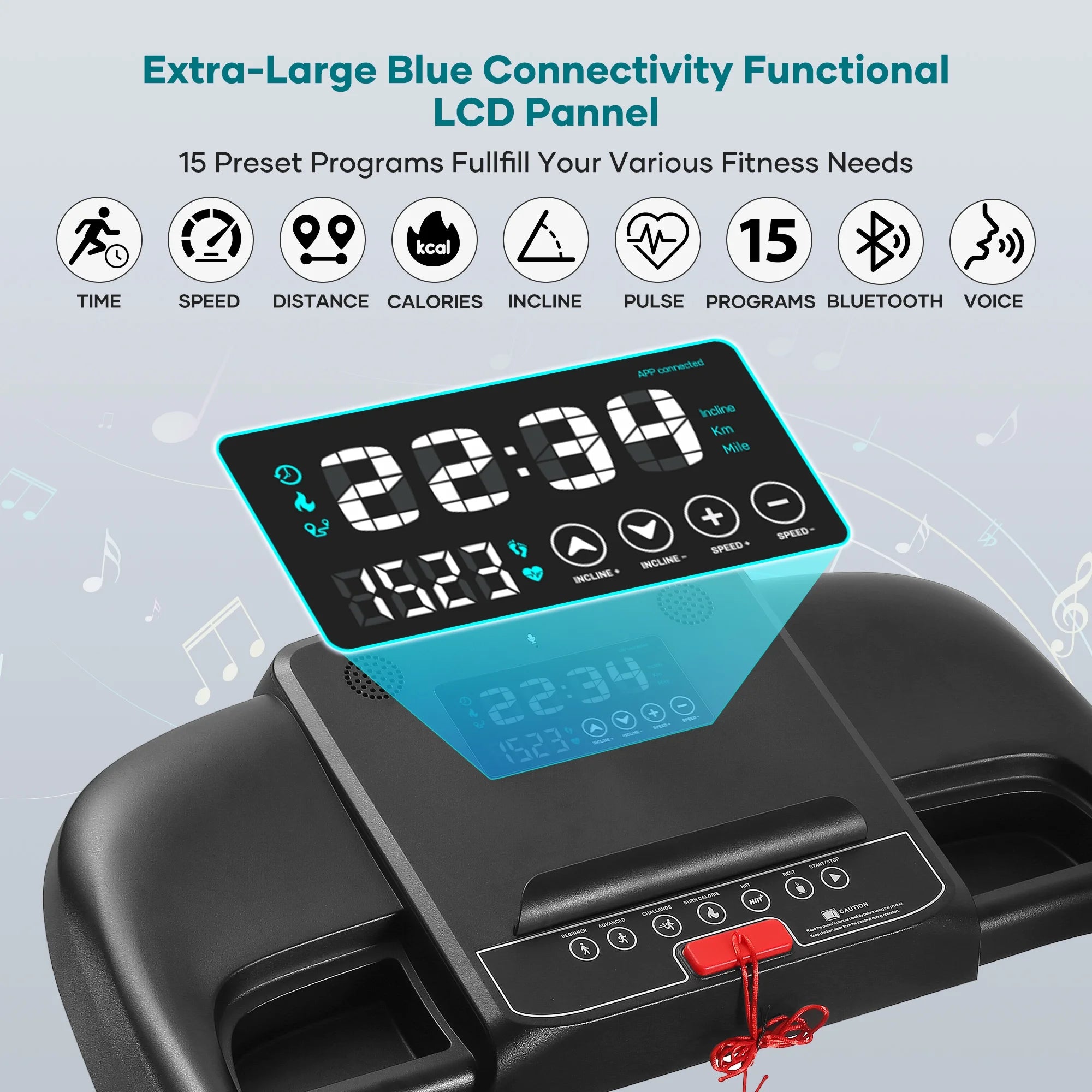 Treadmill with Auto Incline Bluetooth Voice Control 17 in Wide Electric Treadmill Folding Machine 15 Level Auto 8.8 Mhp Speed for Home Use Gifts