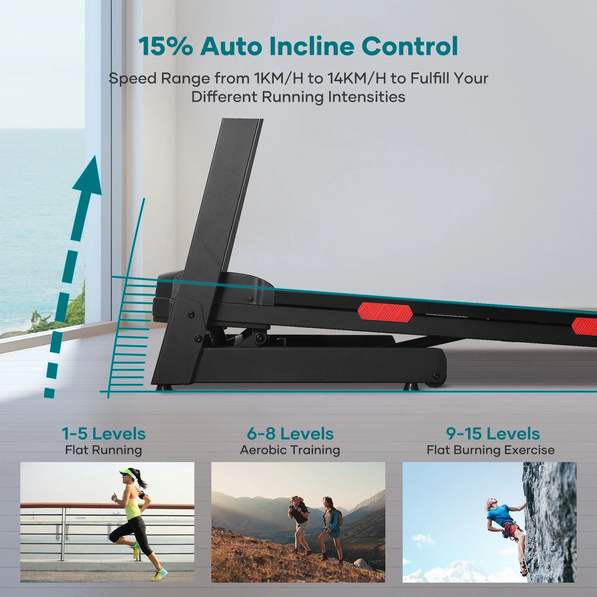 Treadmill with Auto Incline Bluetooth Voice Control 17 in Wide Electric Treadmill Folding Machine 15 Level Auto 8.8 Mhp Speed for Home Use Gifts